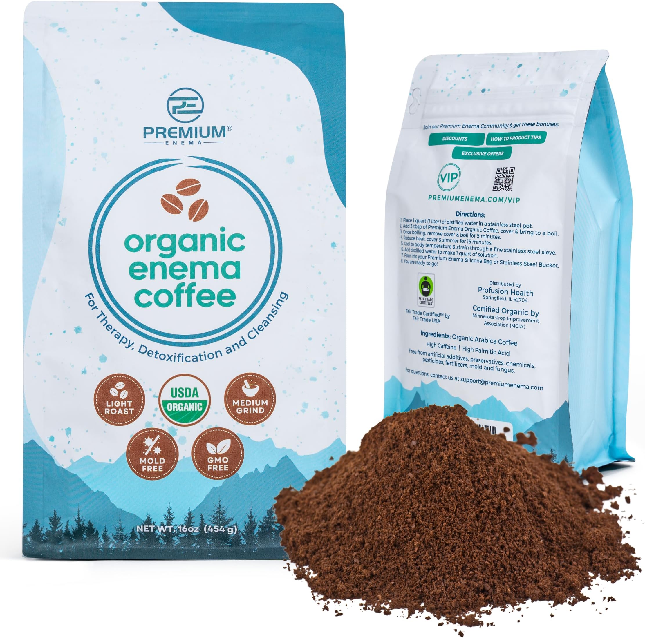 PE Premium Enema Organic Coffee for Enemas. Light Roast, Medium Ground, Specialty Grade. High in Palmitic Acid and Caffeine. Ideal for for Gerson Therapy, Liver Detox and Colon Cleansing (1 Lb)