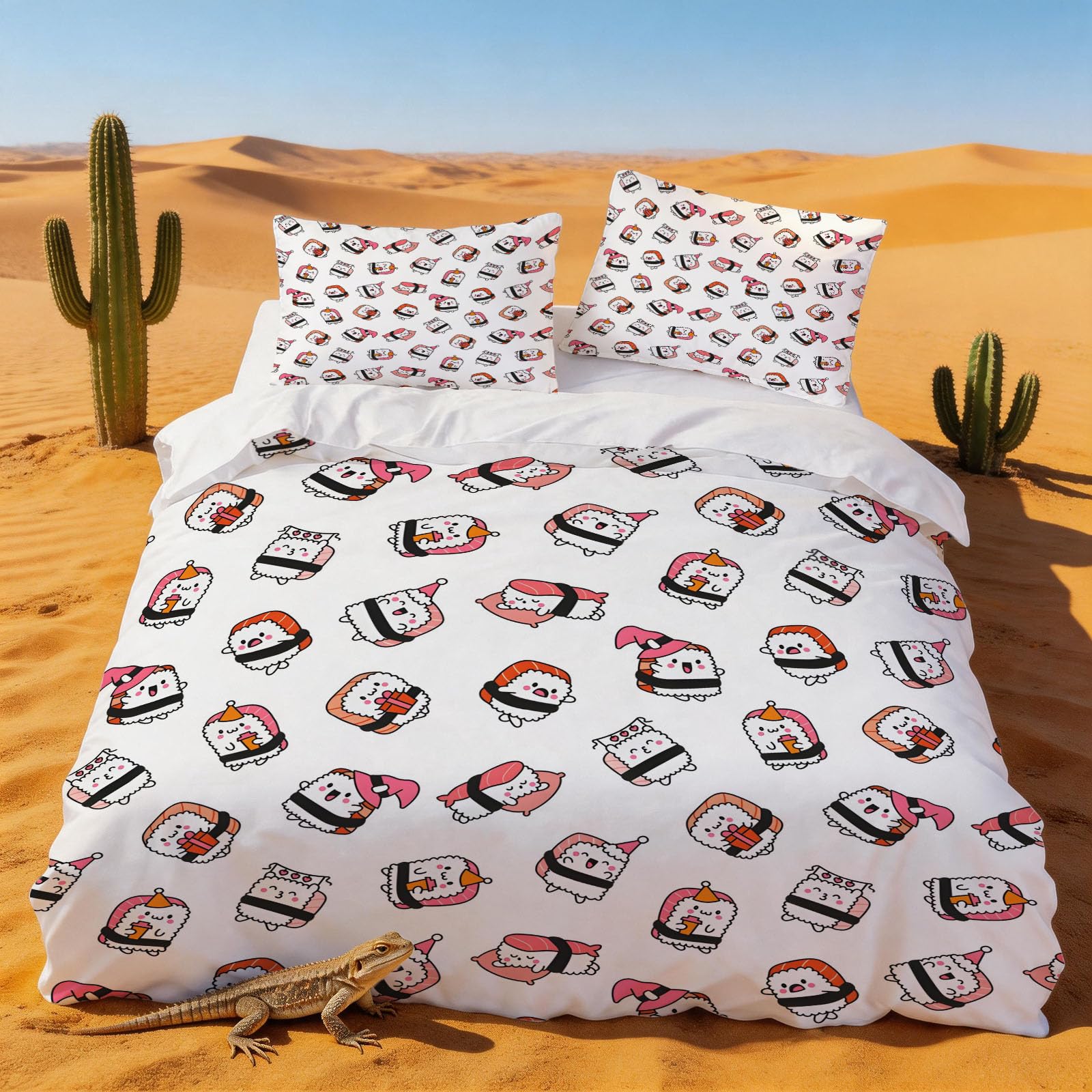 Housse de couette 240x260 sushi japonais en microfibre avec ses deux taies d'oreiller pour adulte