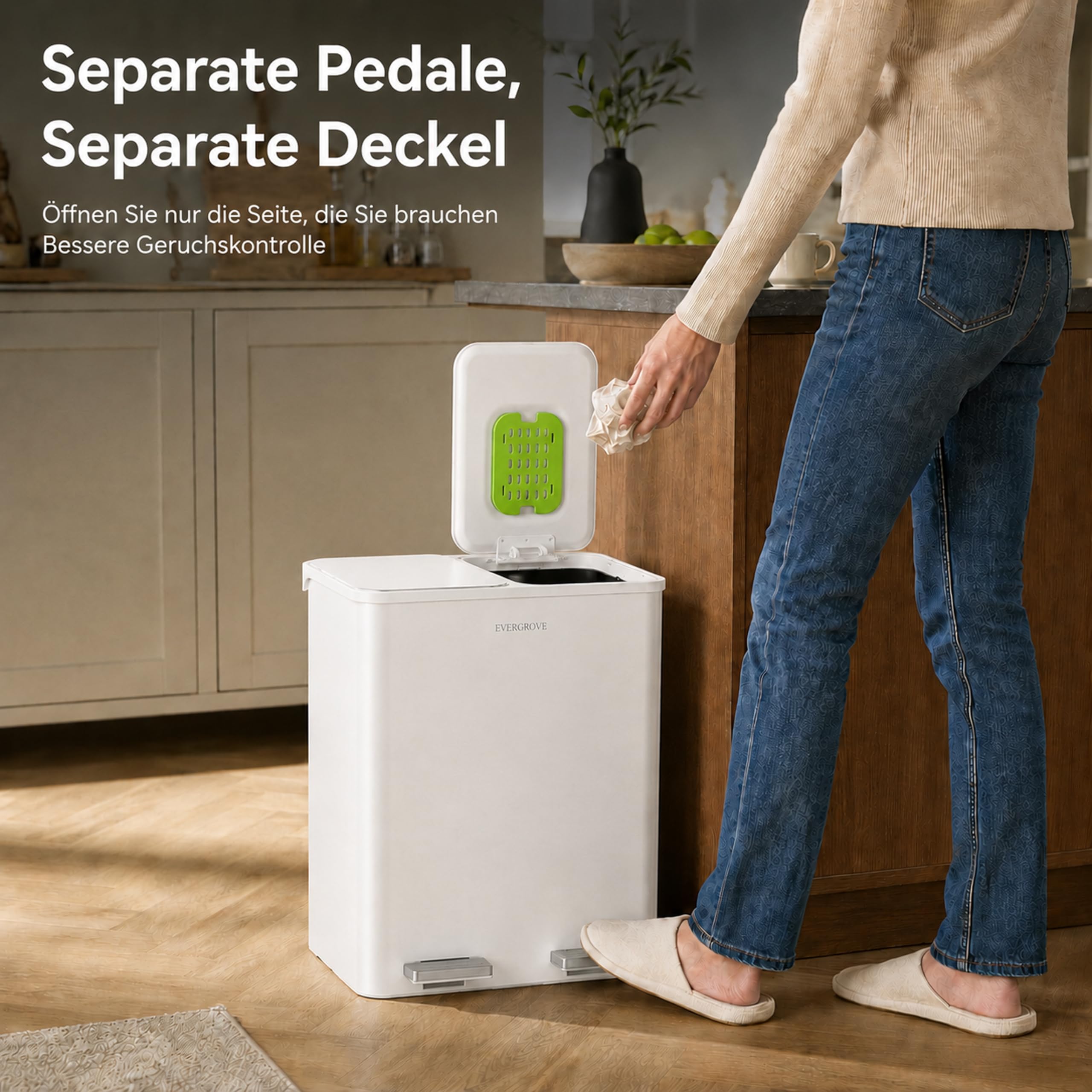 EverGrove 30-Liter-Mülltrennsystem, 2 x 15 L (Weiß) | Gehäuse, Deckel und Pedale aus Edelstahl; zwei PP-Inneneimer, sanft schließende Deckel und ein eingesetzter Geruchsfilter.