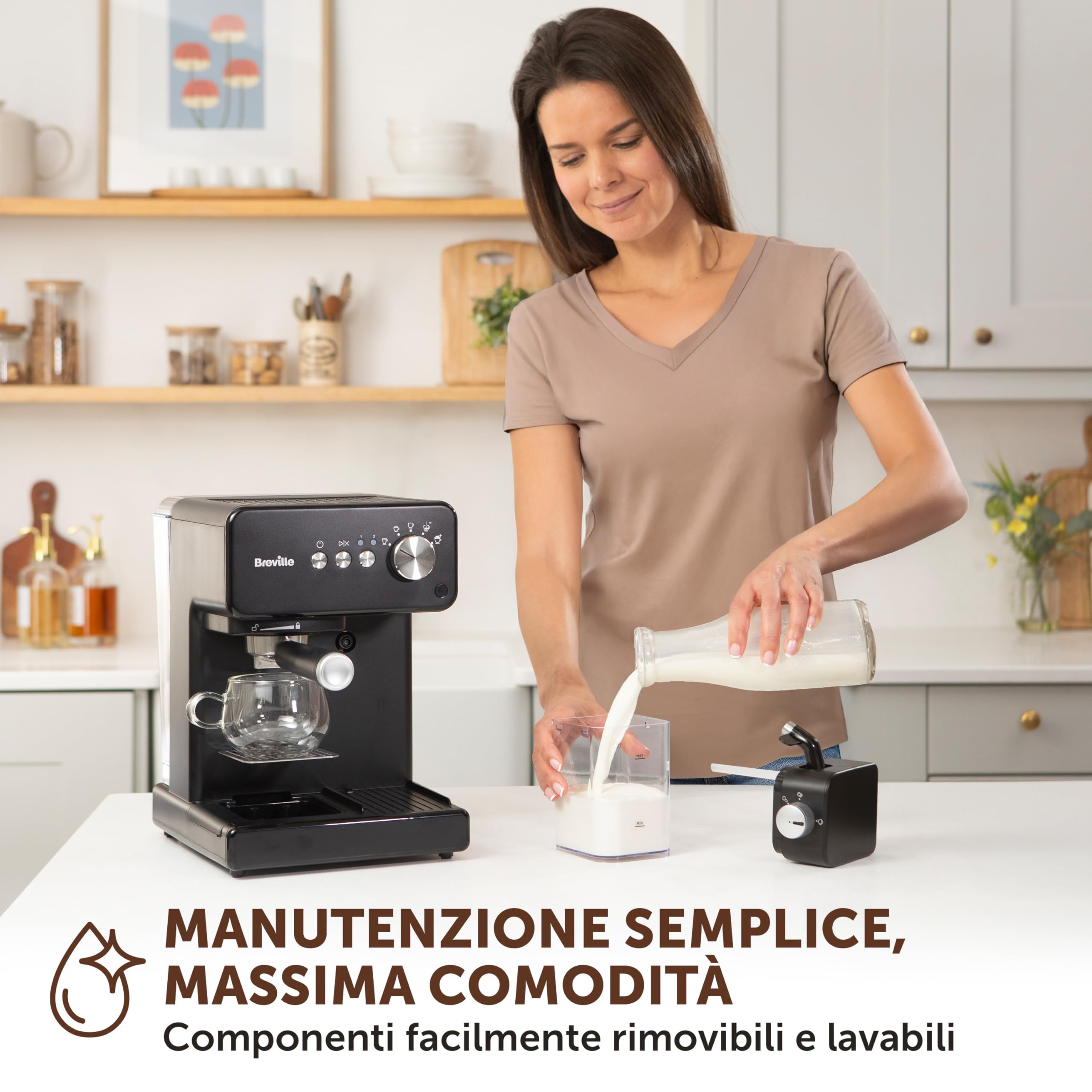 Breville Prima Latte One-Touch Macchina per caffè espresso | Montalatte automatico | Macchina per cappuccino, latte e altro | Pompa italiana da 15 bar | Nero | VCF183X