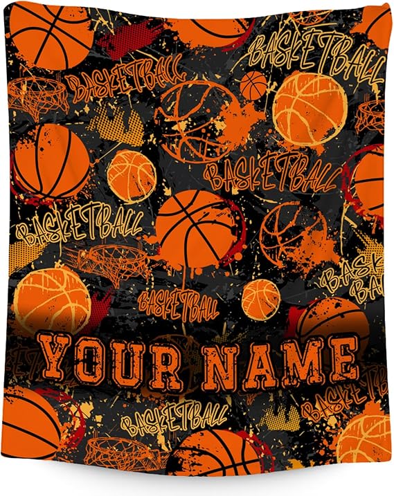 Custom Basketball Blanket, Cozy Soft Throw Gifts for Boys, Cool Orange Flannel Throw Blankets for Bed Travel, 50x60 Inches