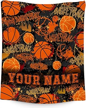 Custom Basketball Blanket, Cozy Soft Throw Gifts for Boys, Cool Orange Flannel Throw Blankets for Bed Travel, 50x60 Inches