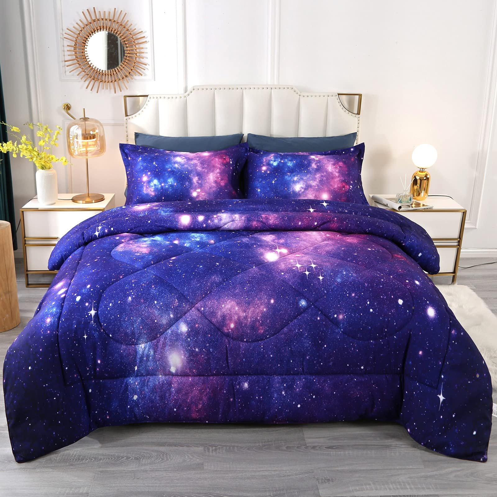 KINBEDY Galaxy Comforter Sets 3 Pieces Twin Size Purple Blue Universe Super Soft Lightweight