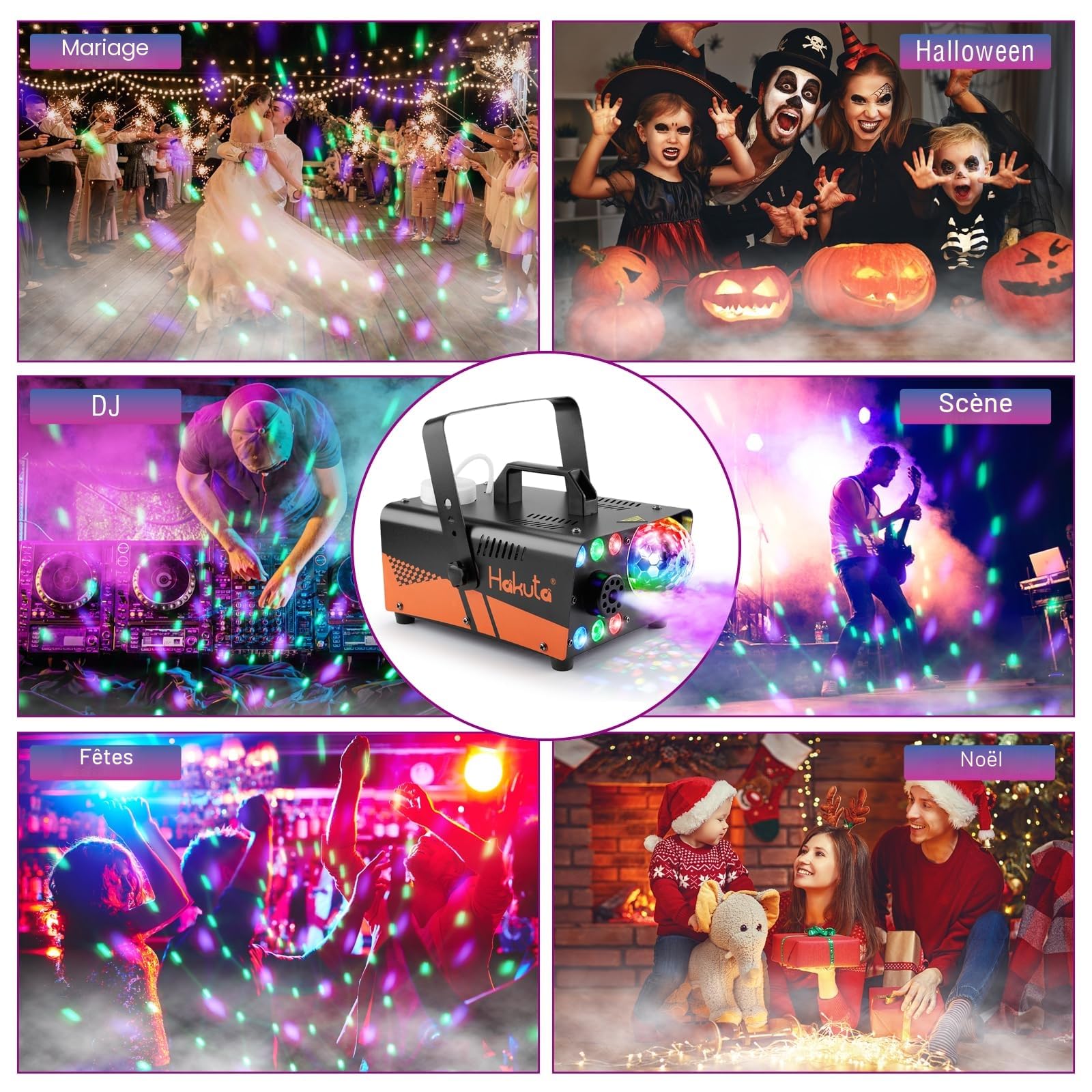 HAKUTA Machine à fumée avec boule disco lumineuse et lumières LED RGB, machine à fumée 2300 CFM Spray avec fonction Auto-Spray, idéal pour Halloween, Noël, mariages
