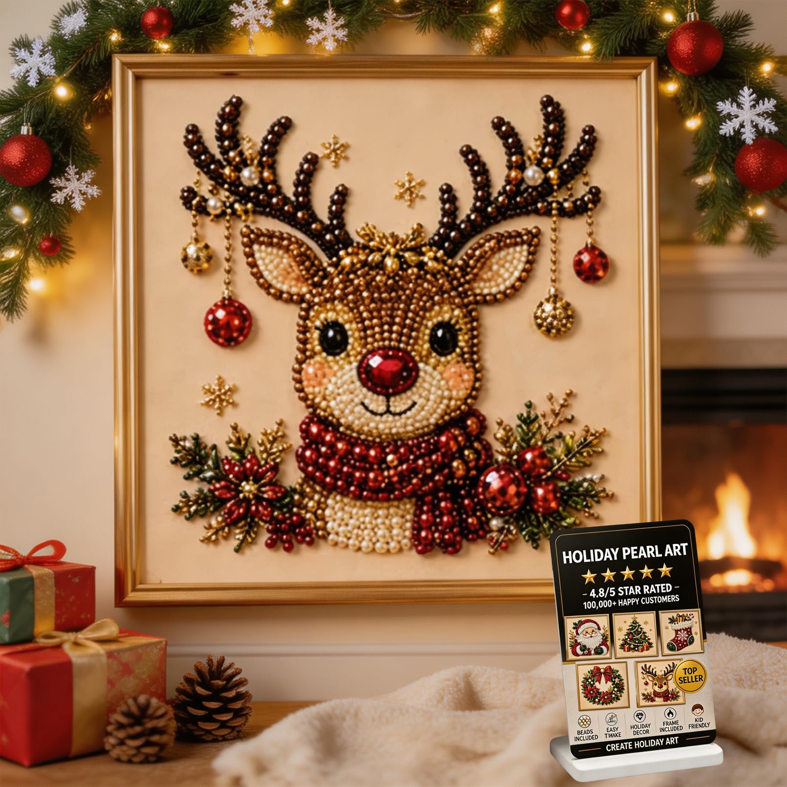 XIANGSHI DIY Christmas Pearl Diamond Painting Art Kit with Frame, Christmas Pearl Beads Art Craft for Adults & Beginners, Gemstone Diamond Dots Beads Painting Hanging Kit for Home Wall Decor (#B)