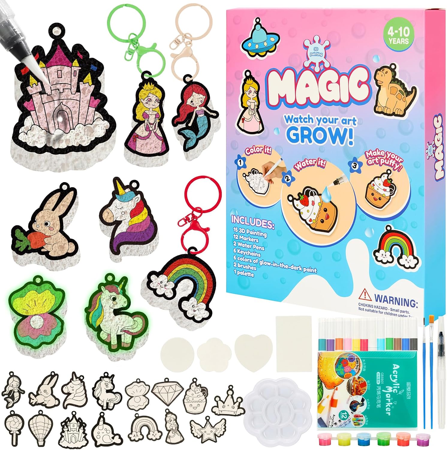 Bafeil Magic Puffy Paint Kit - Aqua Puffs 3D Art Set Princesses & Unicorns Themes, Glow in The Dark Whipped Paint Kit with Foam Texture Paper, Pens for Birthday Easter Gift Crafts Activities