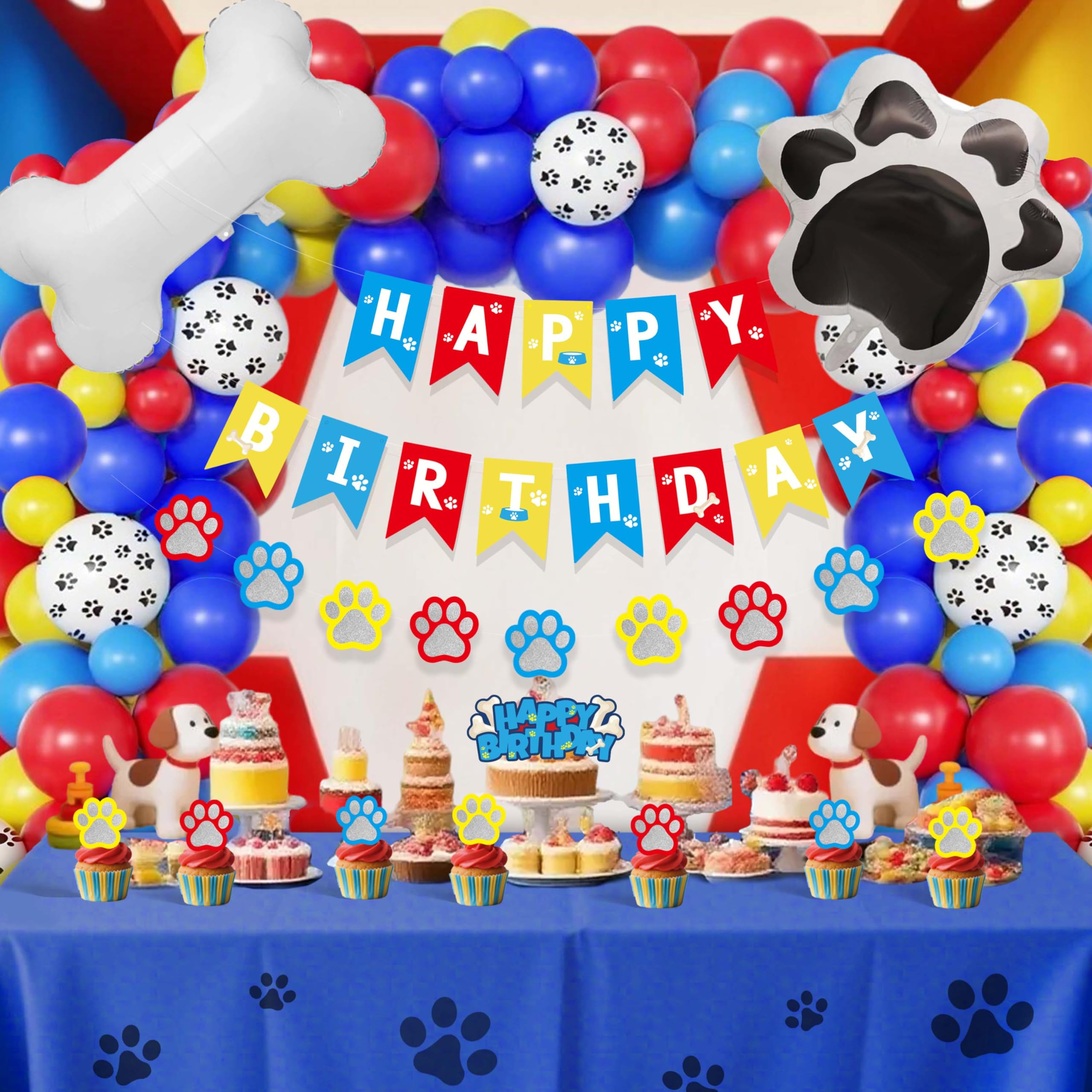 88Pcs Dog Paw Theme Party Decorations Set, Blue Red Yellow Balloon Arch Kit with Large Tablecloth and Bone Foil Balloons,Birthday Celebration Supplies