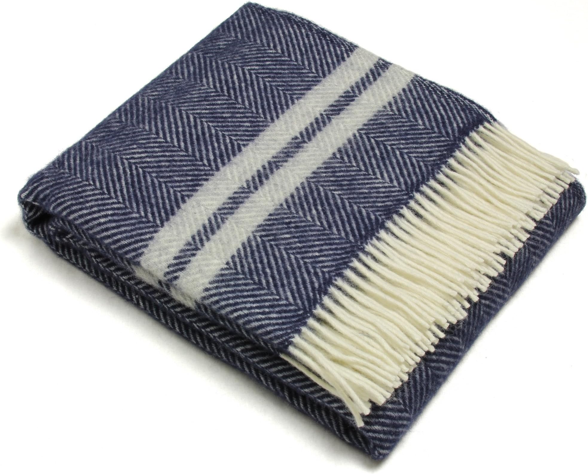 Wool Throw Blanket Pure New Wool - Lifestyle Fishbone Two Stripe (Navy & Silver Gray)