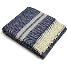 Tweedmill Wool Throw Blanket Pure New Wool - Lifestyle Fishbone Two Stripe Navy & Silver Gray