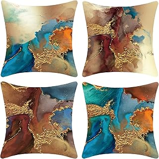MissOwl Marble Texture Blue Teal and Gold Soft Velvet Throw Pillow Covers Decorative Square Pillowcase Cushion Cover for L...