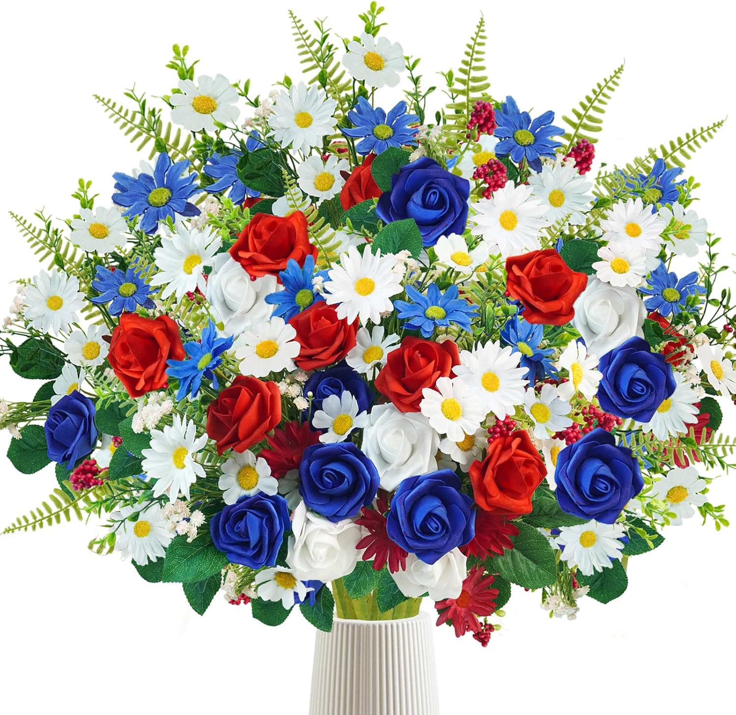 12 Bundles Patriotic Artificial Flowers, 4th of July Red White and Blue Flowers Patriotic Silk Rose Floral Arrangement for 4th of July Decorations Home Centerpieces Memorial Day