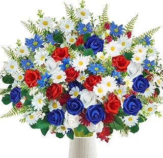 12 Bundles Patriotic Artificial Flowers, 4th of July Red White and Blue Flowers Patriotic Silk Rose Floral Arrangement for 4th of July Decorations Home Centerpieces Memorial Day