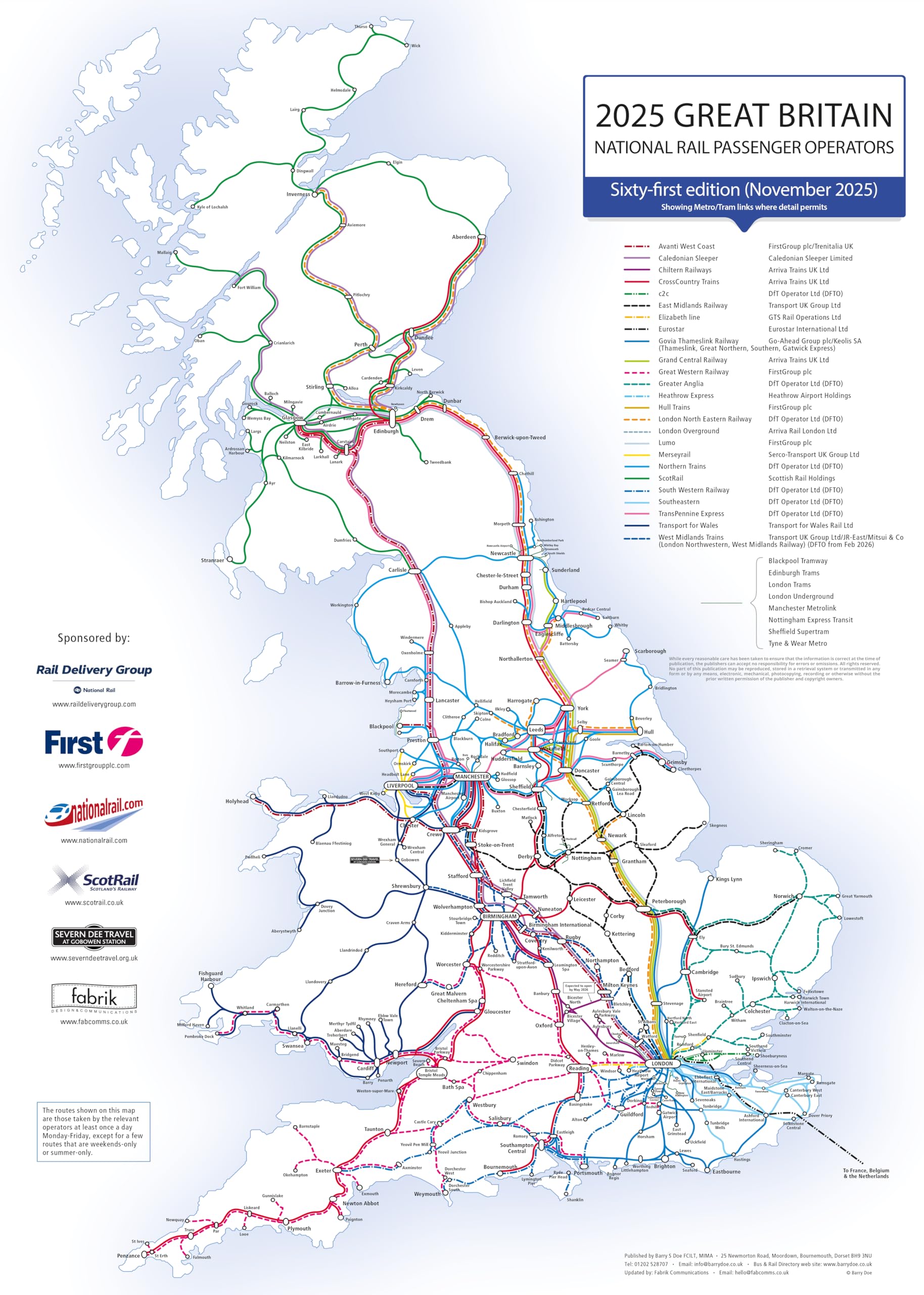 UK Rail Network Wall Map โ Large Laminated Railway Map Shows Updated Train Operator Routes, Metro Tram Links, Rail Lines of the UK, Waterproof, Wipe-Clean Surface, Perfect Traveler Gift 72 x 100 cm