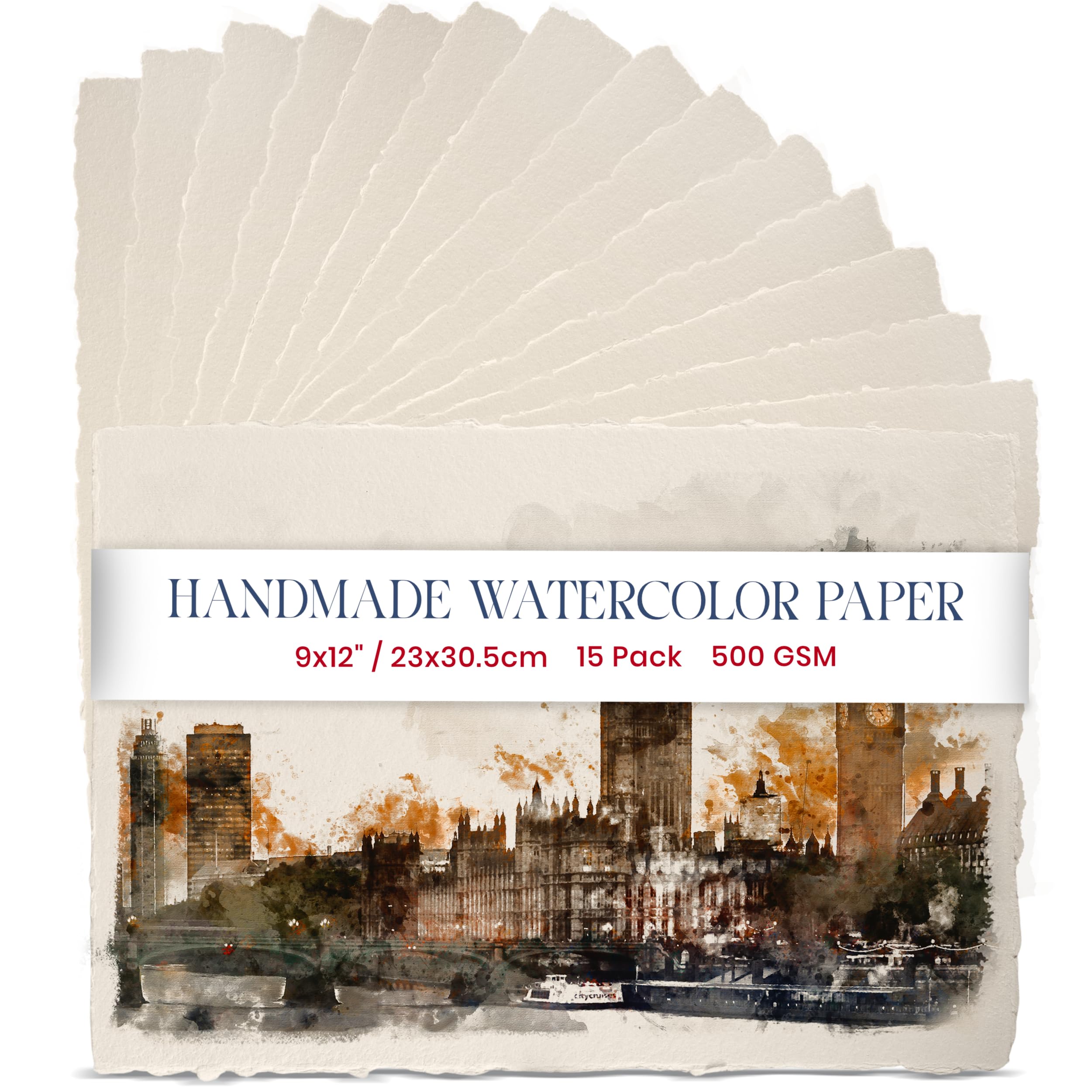 Wanderings Thick Handmade Watercolor Paper with Deckled Edge - 9x12-500GSM Premium Ivory Cold-Pressed Textured Mixed Media Paper Made with Recycled Cotton - 15 Loose Leaf Sheets