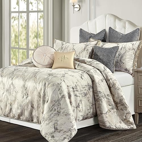 Loom and Mill Juego de edredón bordado jacquard de 9 piezas, juego de ropa de cama de lujo y comodidad de lujo, tamaño King con fundas europeas,