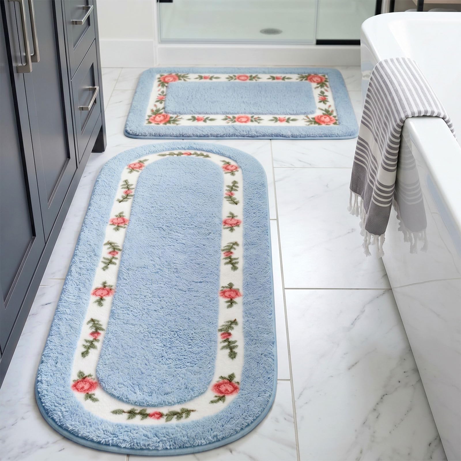 Drydiet Badezimmerteppich-Set mit Rosenblumen, kokett, Raumdekoration, florale Teppiche für Badezimmer, Schlafzimmer, Wohnzimmer, rutschfest, saugfähig, romantisch, Rosenmuster, 2 Formen, Blau, Größe