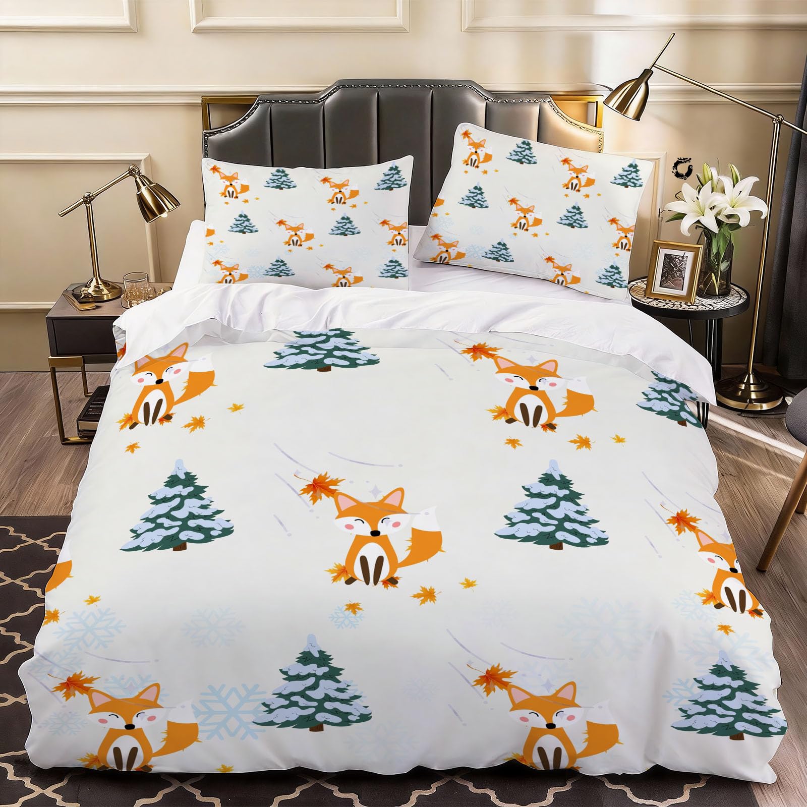 3D Animal Fox Duvet Cover Snowflake Winter Bedding Super King Bed Set, Soft Microfiber Comforter Cover Printed with Zipper Closure Quilt Coverr 260x220 cm and 2 Pillowcases