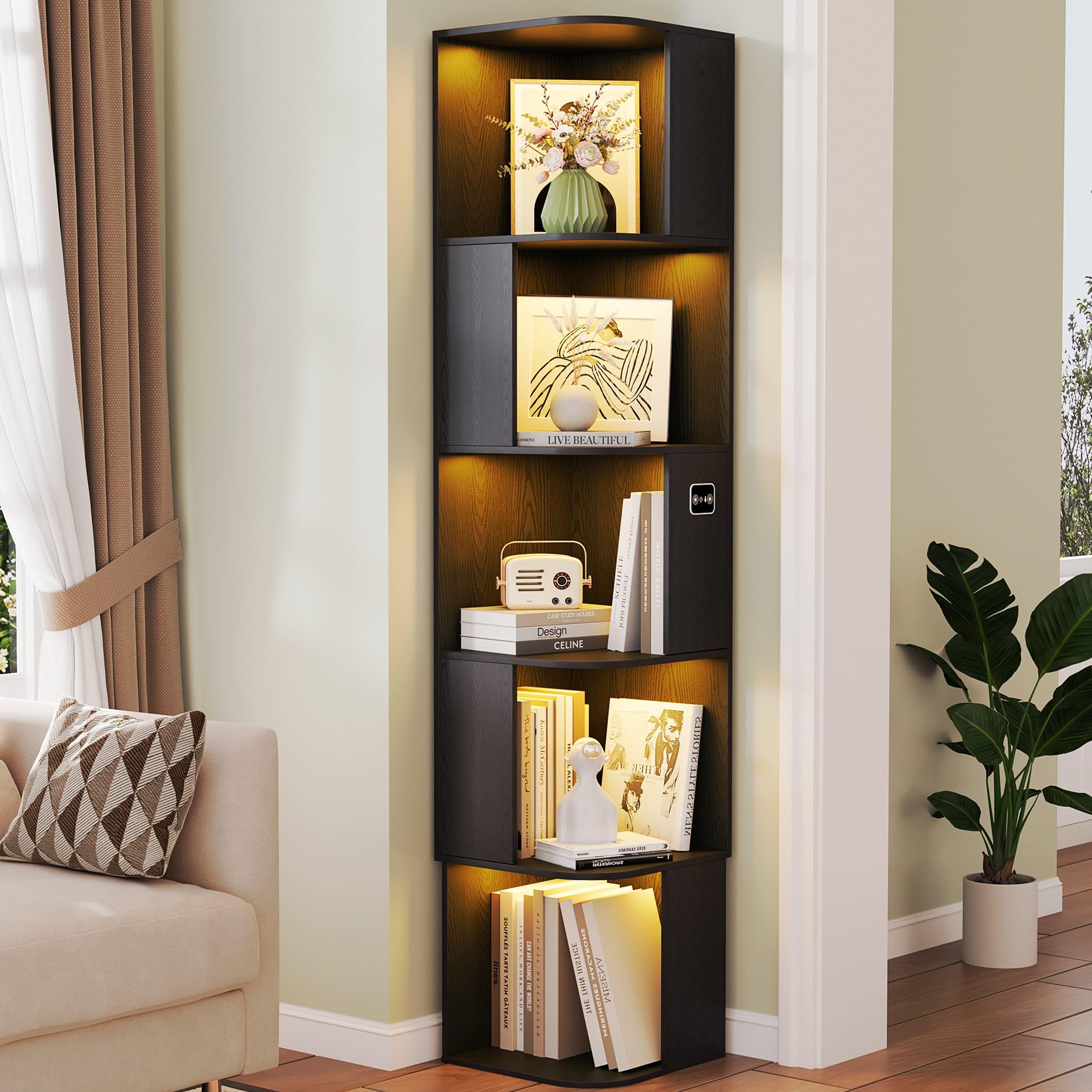 64.8 " Corner Wood Bookcase with Body Sensor LED for Home Office,Black