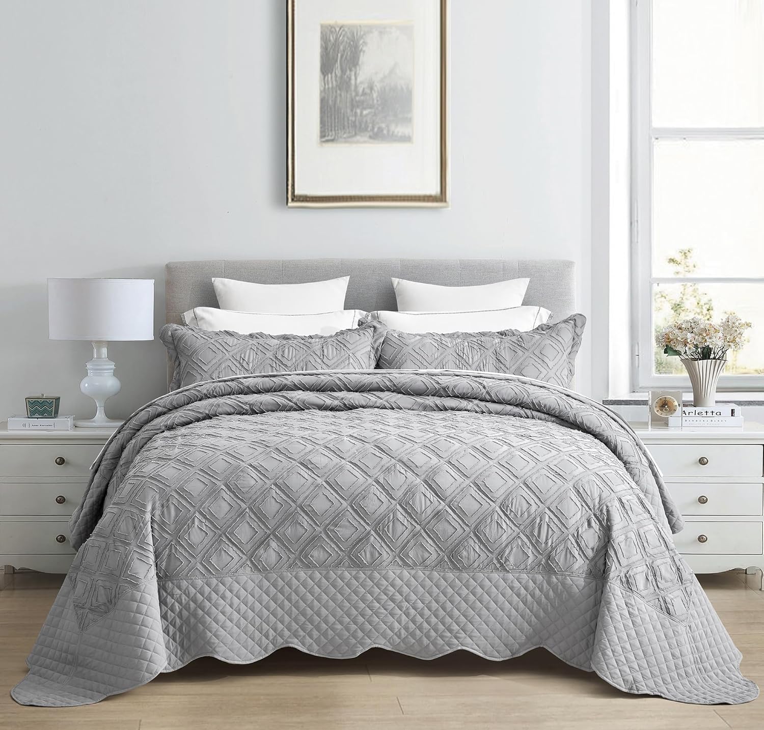 Oversized King Bedspread, Tufted Jacquard Diamond Pattern, Shabby Chic Boho Bohemian Look, Lightweight, 3 Piece, Grey - Image 2
