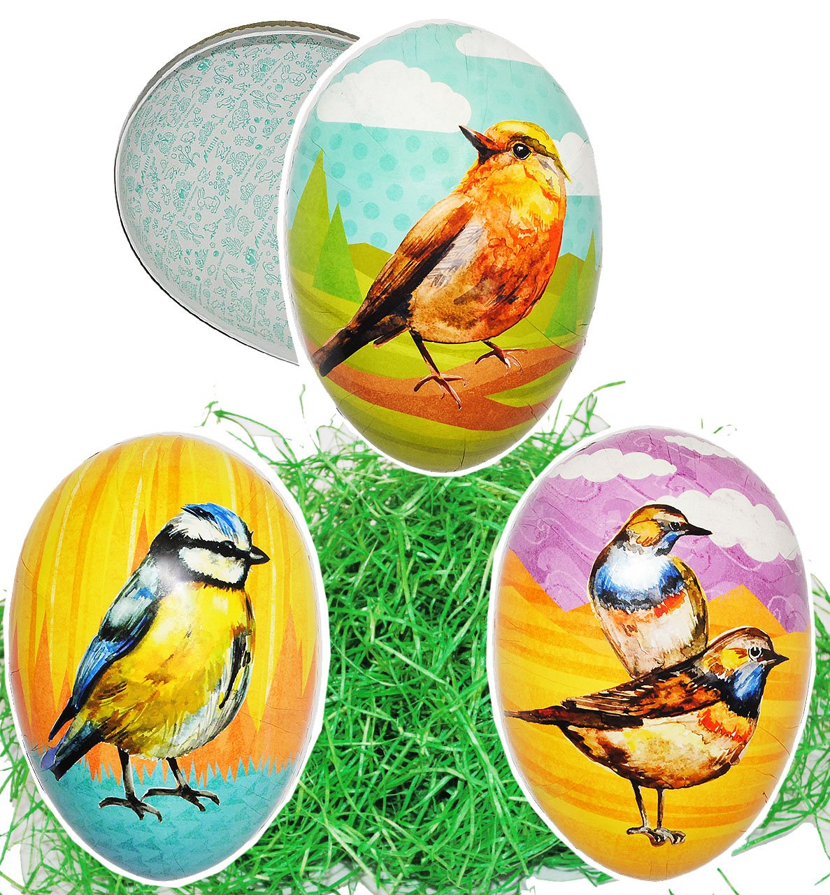 alles-meine.de GmbH Set Ostergras & 10 Füll - Pappeier 15 cm - Vögel - Frühlingsboten - Osterei/Ei zum befüllen - Deko Pappe Papp Pappeier Dekoei Pappostereier Füllen - O..
