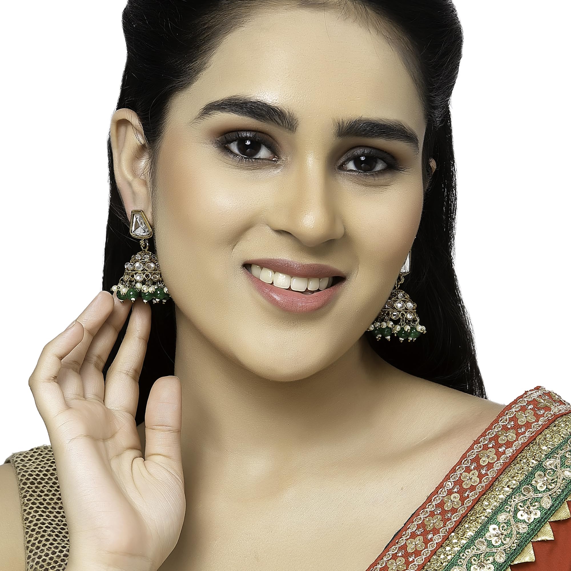 Gold-Plated Kundan & Pearls Dome Mirror Jhumka Earrings