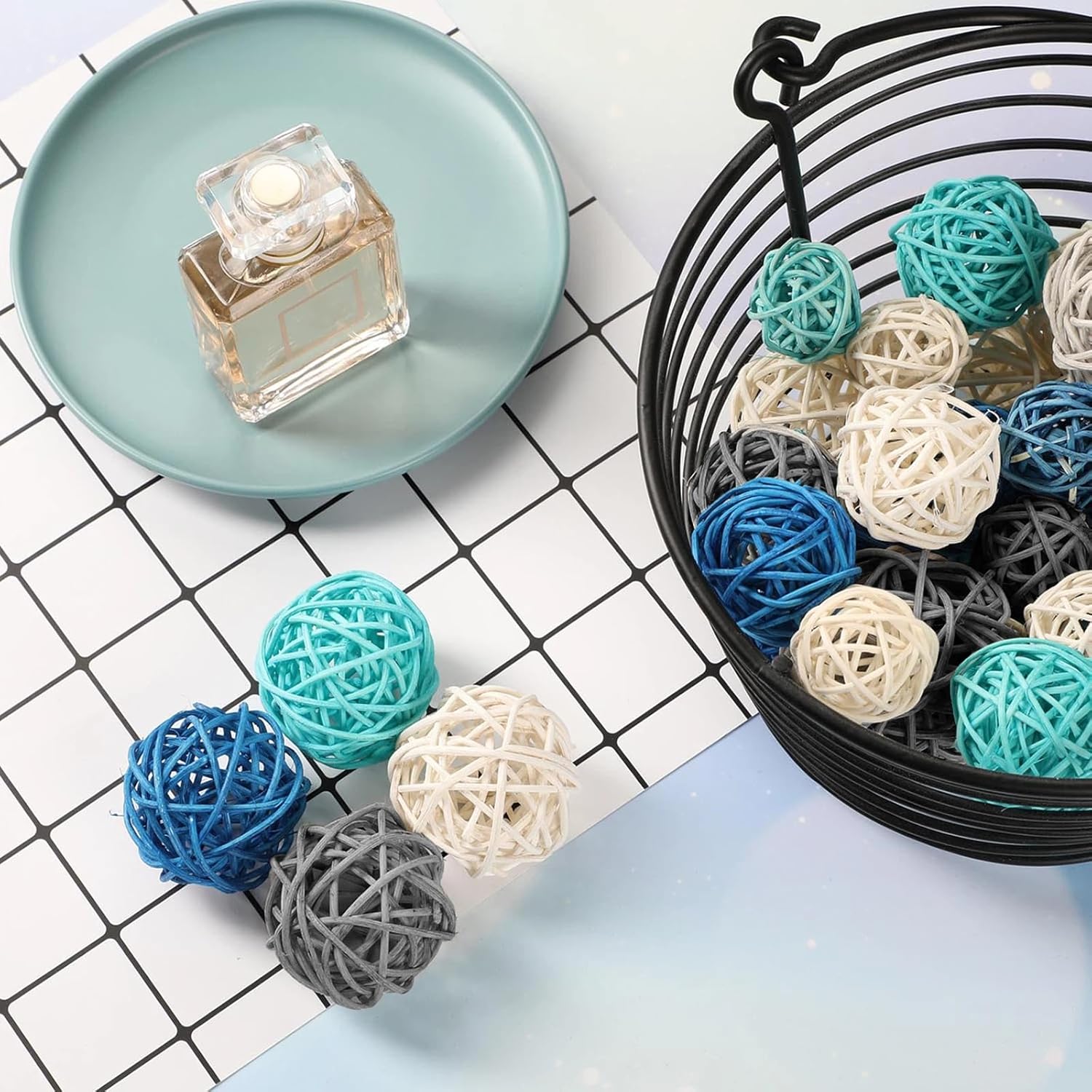 Patelai 72 Pcs Wicker Rattan Balls Decorative Balls for Vase Centerpiece Bowls Orbs Filler for Spring Summer Craft Home Decor, 4 Sizes(Dark Blue, Sky Blue, Gray, White)