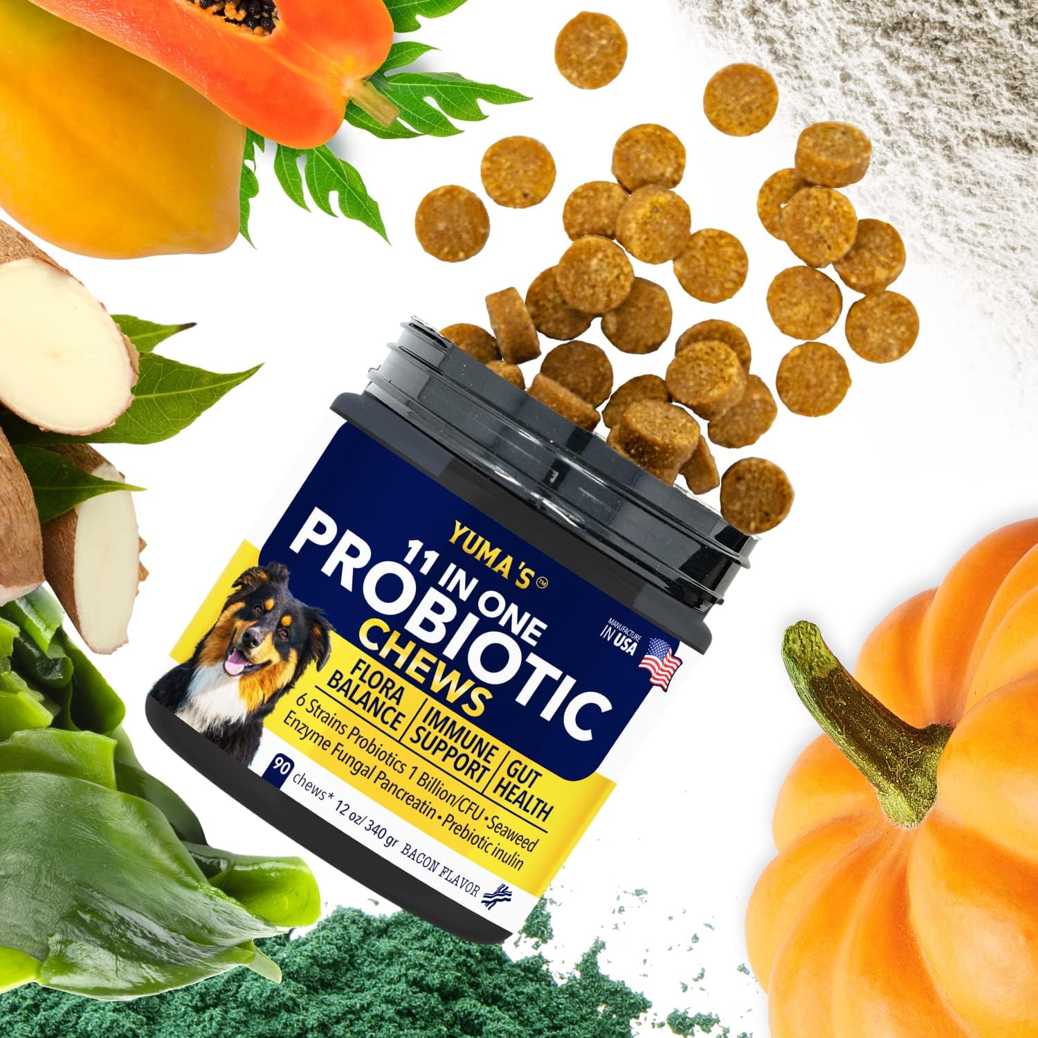 Probiotic for Dogs and Puppies with Enzyme Blend, Gut Flora and Digestive Health, Itchy Skin & Seasonal Allergies, Prebiotic Inulin, Fungal Pancreatin, Seaweed, Papaya, Spirulina with MSM