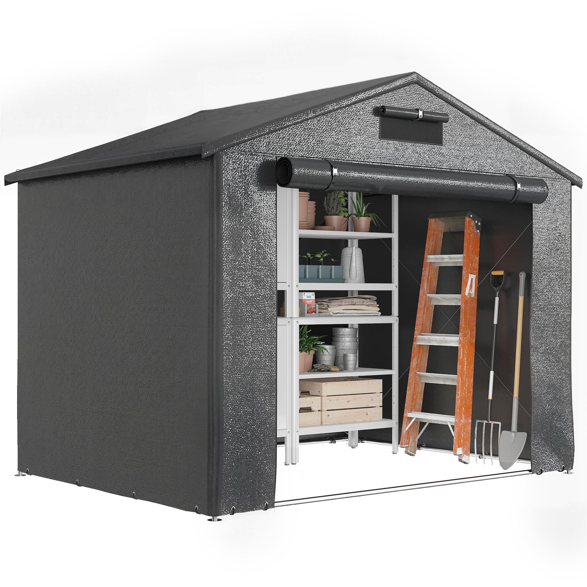 Outsunny 8 x 6 ft Outdoor Garden Storage Shed, Waterproof Bike Tent with Vent and Roll-Up Zipper Door,Outdoor Portable Shed Storage Shelter for Bikes, Dark Grey