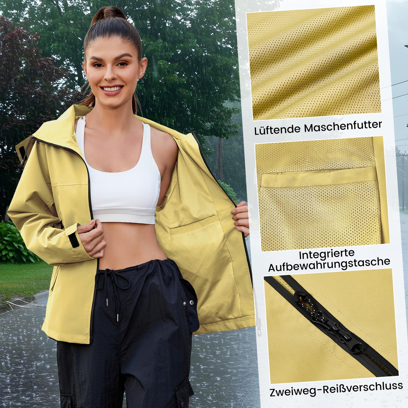 PONCEAU Damen Wasserdicht Regenjacke Leichte Wasserdicht Outdoorjacke Atmungsaktiv & Winddicht, Verstellbare Kapuze & Ärmelbündchen zum Wandern Reisen Treking Fahrrad