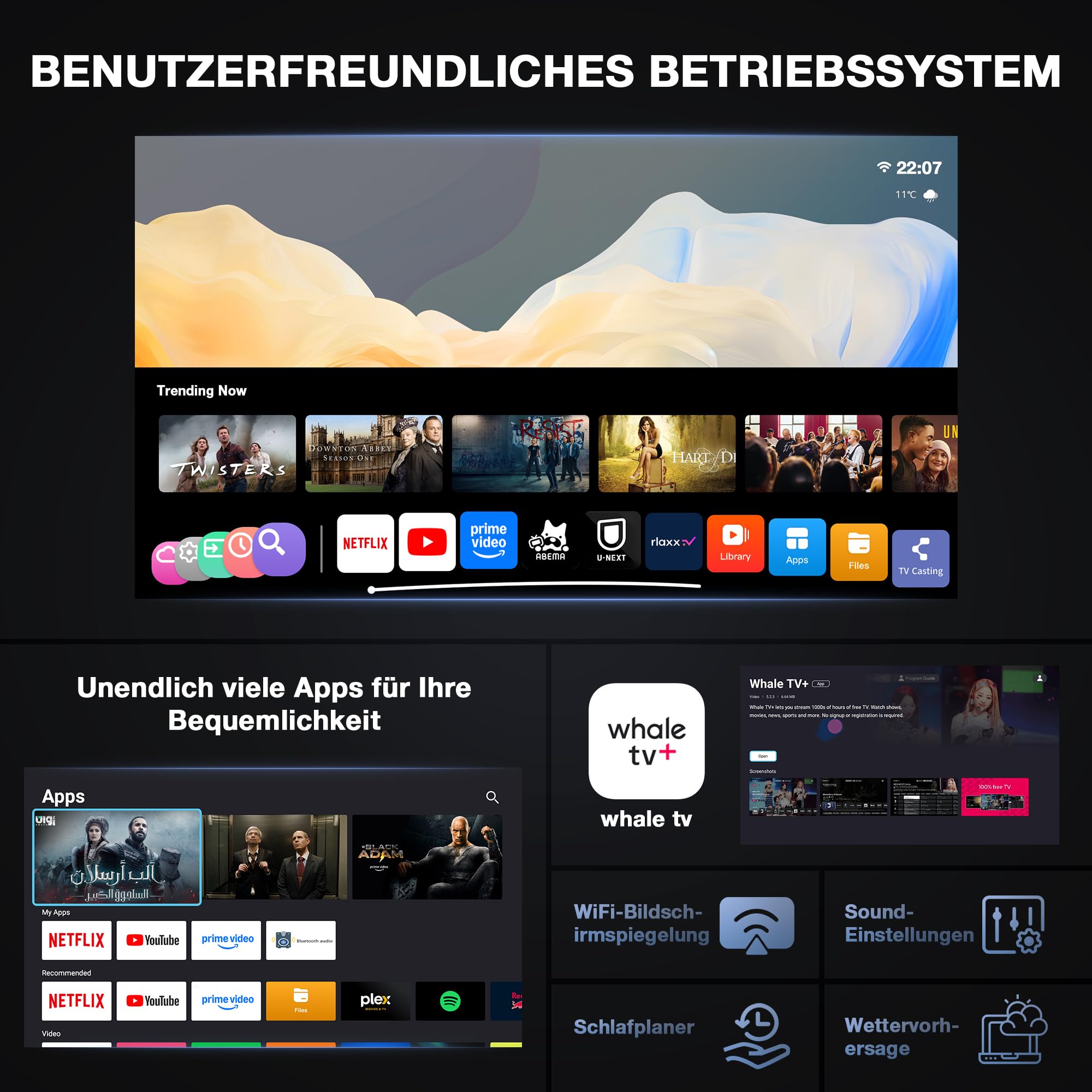 Smart Beamer【800ANSI ＆ Offizielle App】 Mini Projektor mit Autofokus ＆ Trapezkorrektur, VOPLLS 1080P Full HD WiFi6 Bluetooth Beamer 4K Heimkino/Outdoor Klein Projector für Handy (Schwarz)