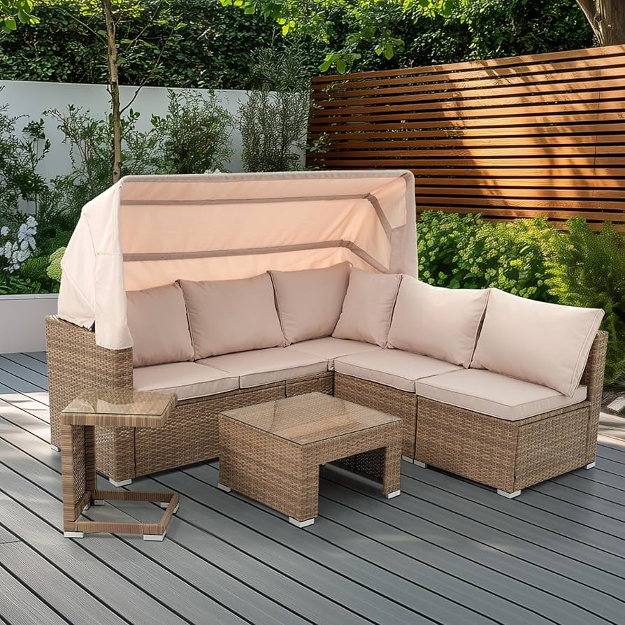 ガーデンファニチャー　ガーデンチェア　ガーデンテーブル　収納付き　ベージュ Amazon.co.jp: ガーデンファニチャー ラタン調 サンキャノピー