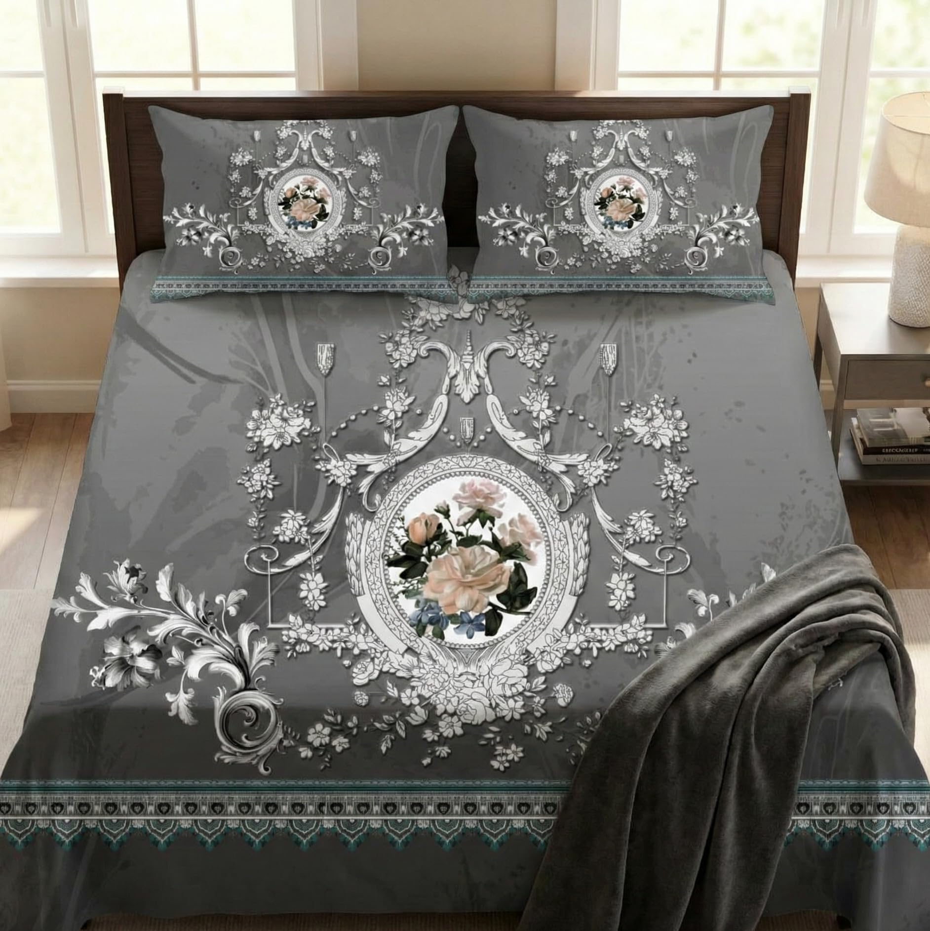 LOOMLYFE 300 TC 7D Digital Print Microfiber Soft Cotton Bedsheet for Double Bed, Size 90X100 Inches with 2 Large Size Pillow Covers Without Joint - BlackFlower