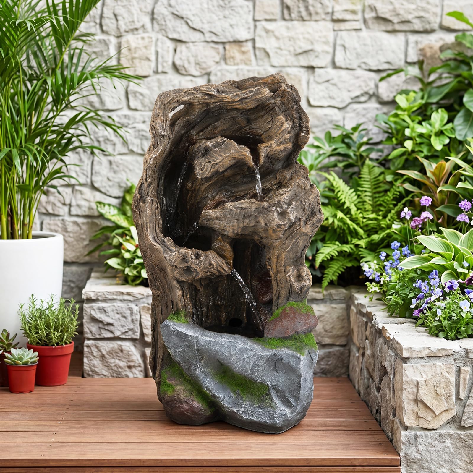 COSTWAY Fontana a Cascata, Fontana da Esterno con Illuminazione LED, Pompa e Muschio Artificiale, Ornamento Cascata in Stile Roccia per Cortile, Balcone e Salotto, 30,5 x 26 x 53 cm