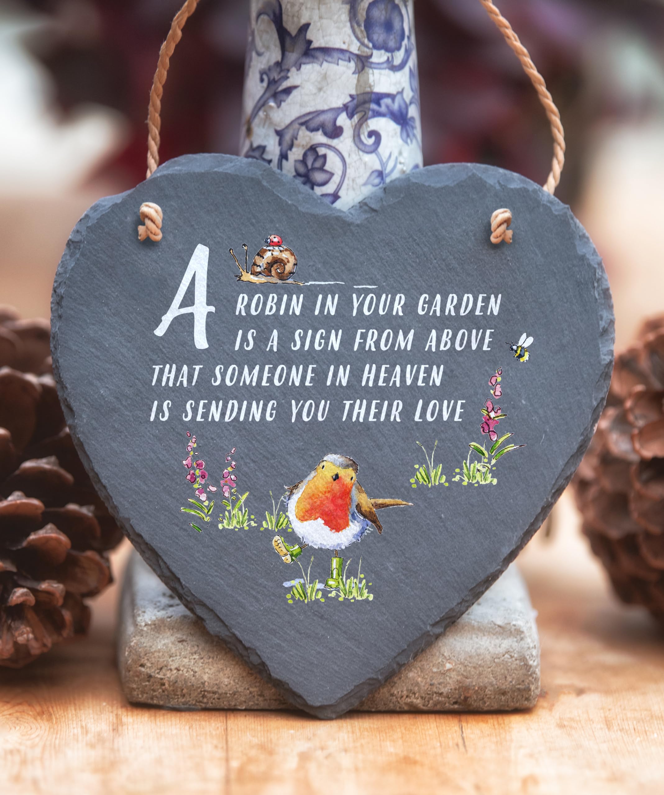 Image Industry A Robin In The Garden Slate Heart - Hanging Slate - Memorial Gift - Robin Lovers, Grey - Image 2