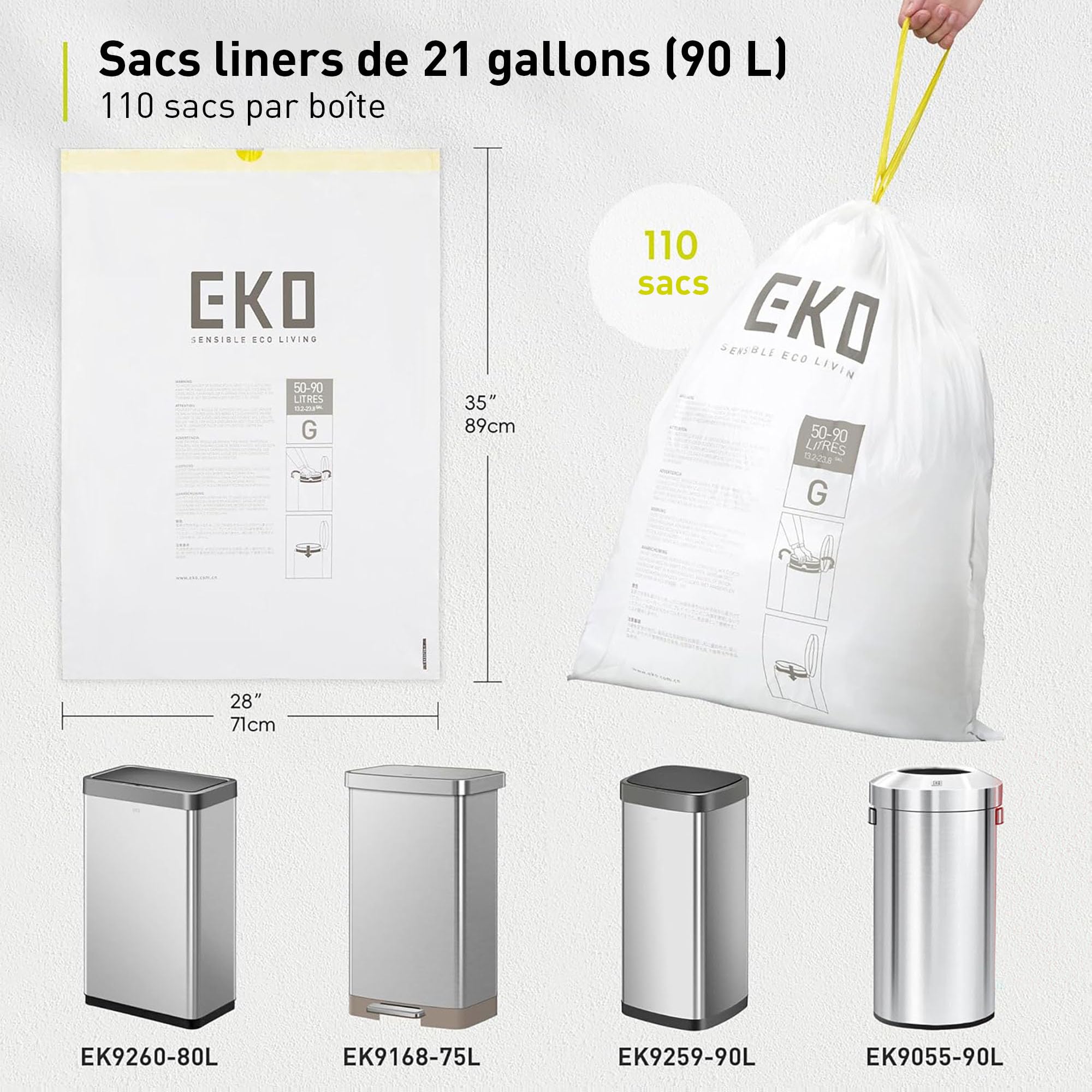EKO Lot de 110 grands sacs poubelle extra résistants de 75 litres avec cordon de serrage pour cuisine et ménage (80 L), résistants aux fuites, code G