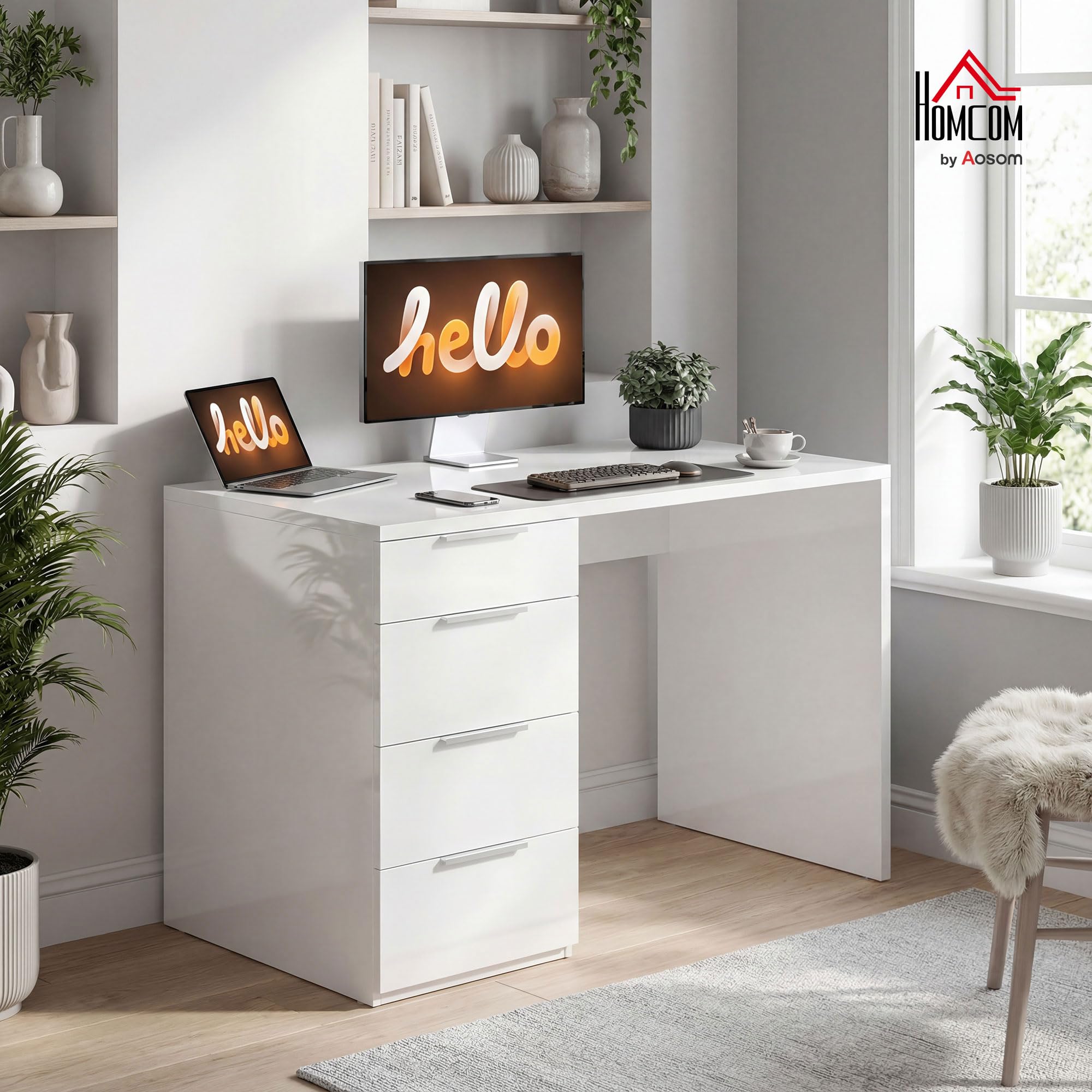 HOMCOM Scrivania Salvaspazio con 4 Cassetti 110x61.5x75 cm Bianco Lucido | Scrivania Moderna, Tavolo Computer, per Casa Studio Camera Ufficio