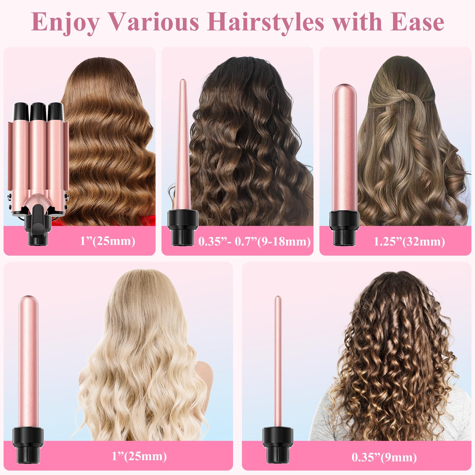 5 in 1 Curling Iron, Curling Wand Set with 3 Barrel Crimper Hair and 4 Interchangeable Ceramic Curling Wand(0.35”-1.25”), Fast Heating Hair Curler, Include Glove & Clips-Pink