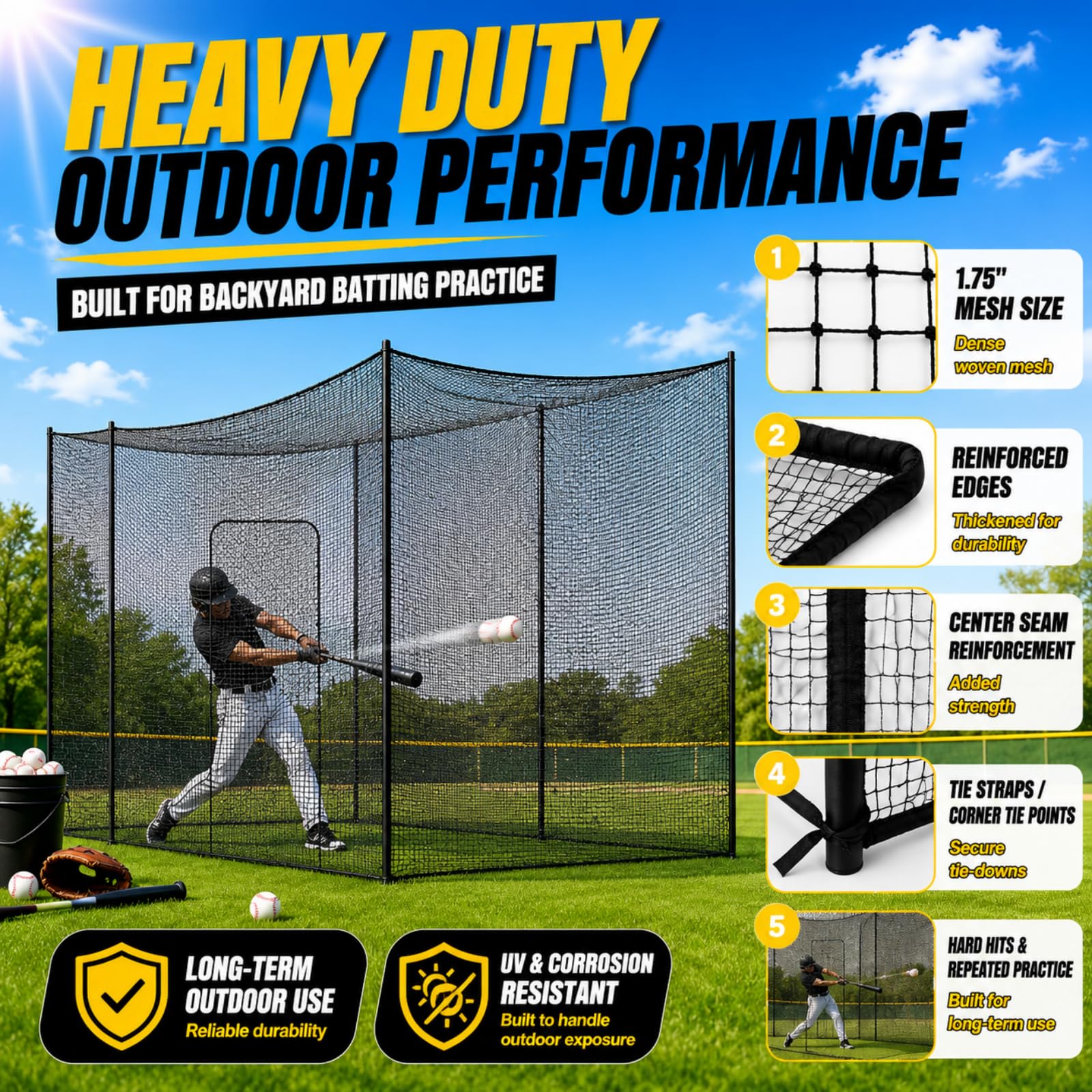 Syhood Baseball-Schlagkäfignetz, strapazierfähig, Cricket-Softball-Schlagübungsnetz, tragbarer Pitching-Käfig, Training, Sport, Barriere-Netz, Bildschirm für Hinterhof, Outdoor (Rahmen Nicht im