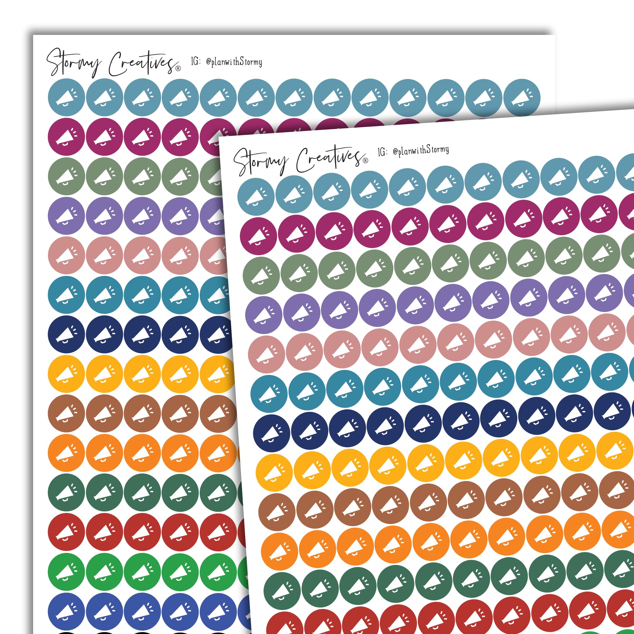 Stormy Creatives Small Megaphone Icon Dots – 468 Planner Stickers, 0.3 inch Diameter, 2 Sheets, Multicolor – Announcements, Reminders & Events