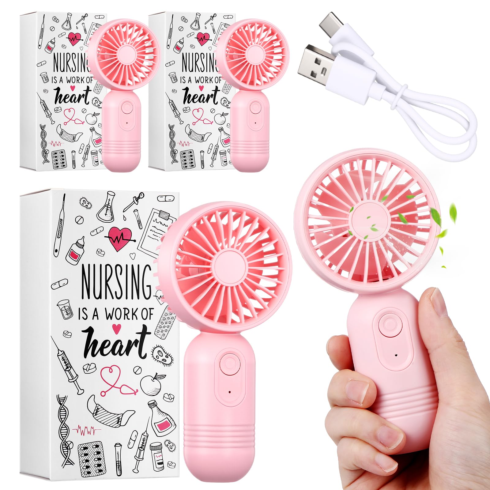 Mini ventilateur portable cadeau pour enseignante et infirmière lot de 3 rose
