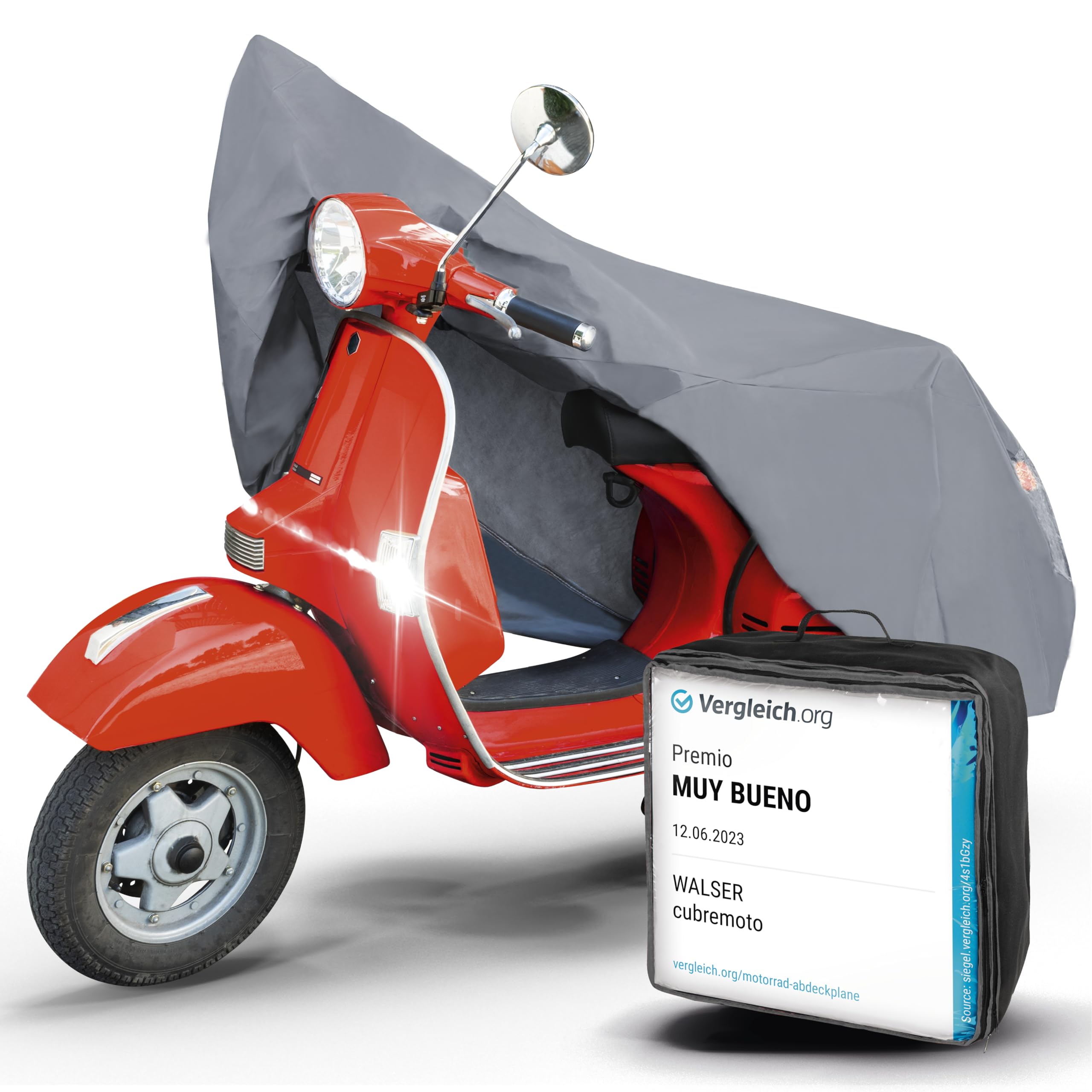 WALSER Lona Moto S de PVC Resistente Lona Impermeable, Premio Muy Bueno* Funda Compatible con Vespa, Cubierta Moto al Aire Libre, Cubierta Motocicleta con Bolsa Gris 185x90x110cm