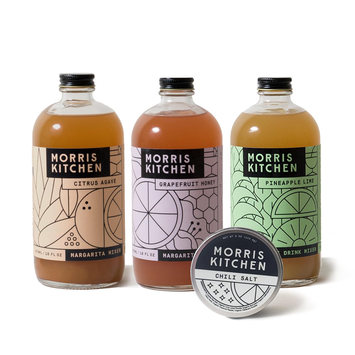 Morris Kitchen Tequila Mixer Trio Margarita Gift Set, 3 Count 16 oz Cocktail Mixers w/ 3 oz Chili Salt Tin