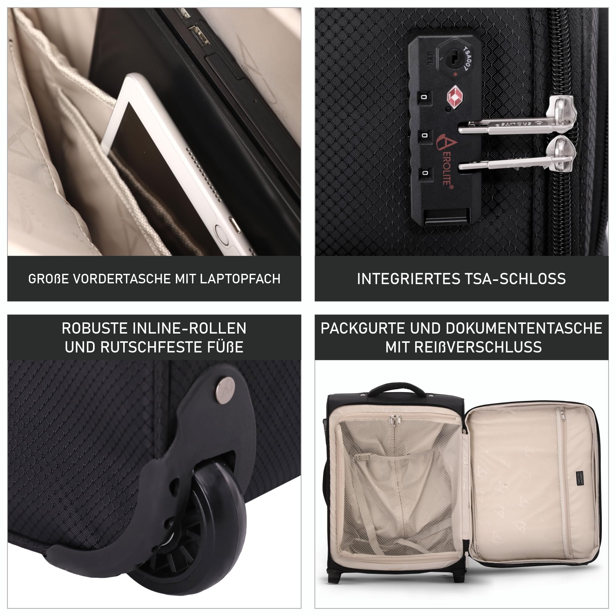 Aerolite 56x45x25 Trolley Koffer easyJet, British Airways, Jet2, Wizz Air Maximum Höchstbetrag 2 Rollen 60L Leichte Handgepäck Bordgepäck Kabinentrolley Reisekoffer Gepäck, 10 Jahre Garantie Schwarz | Für 56x45x25cm easyJet, British Airways, Jet2, 60L, Le