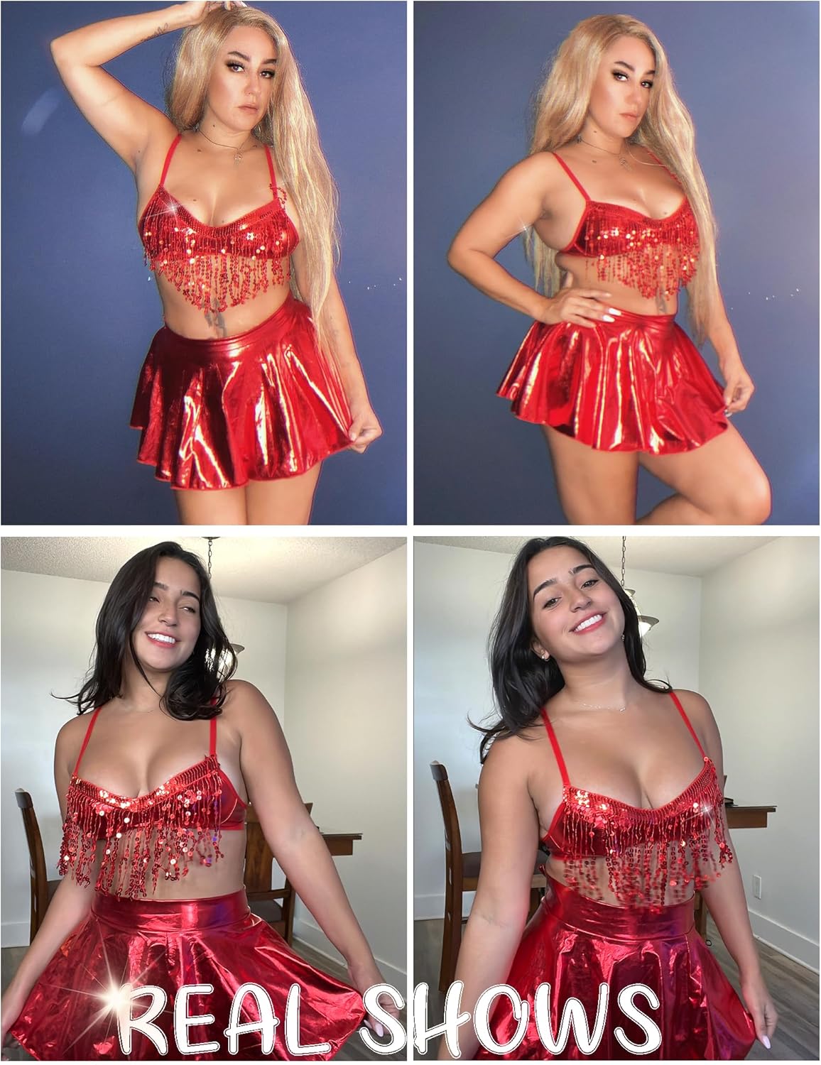Avidlove Rave Outfits for Women Sequin Fringe Outfits Cosplay Lingerie 3pack Costume Set with Metallic Skirt - Image 5