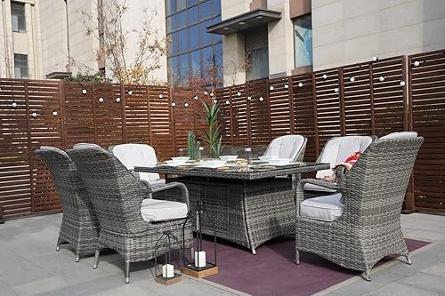 Miniatura 2 de Juego de 7 piezas de comedor para patio al aire libre sillas de comedor de mimbre gris juego de mesa de fuego de gas