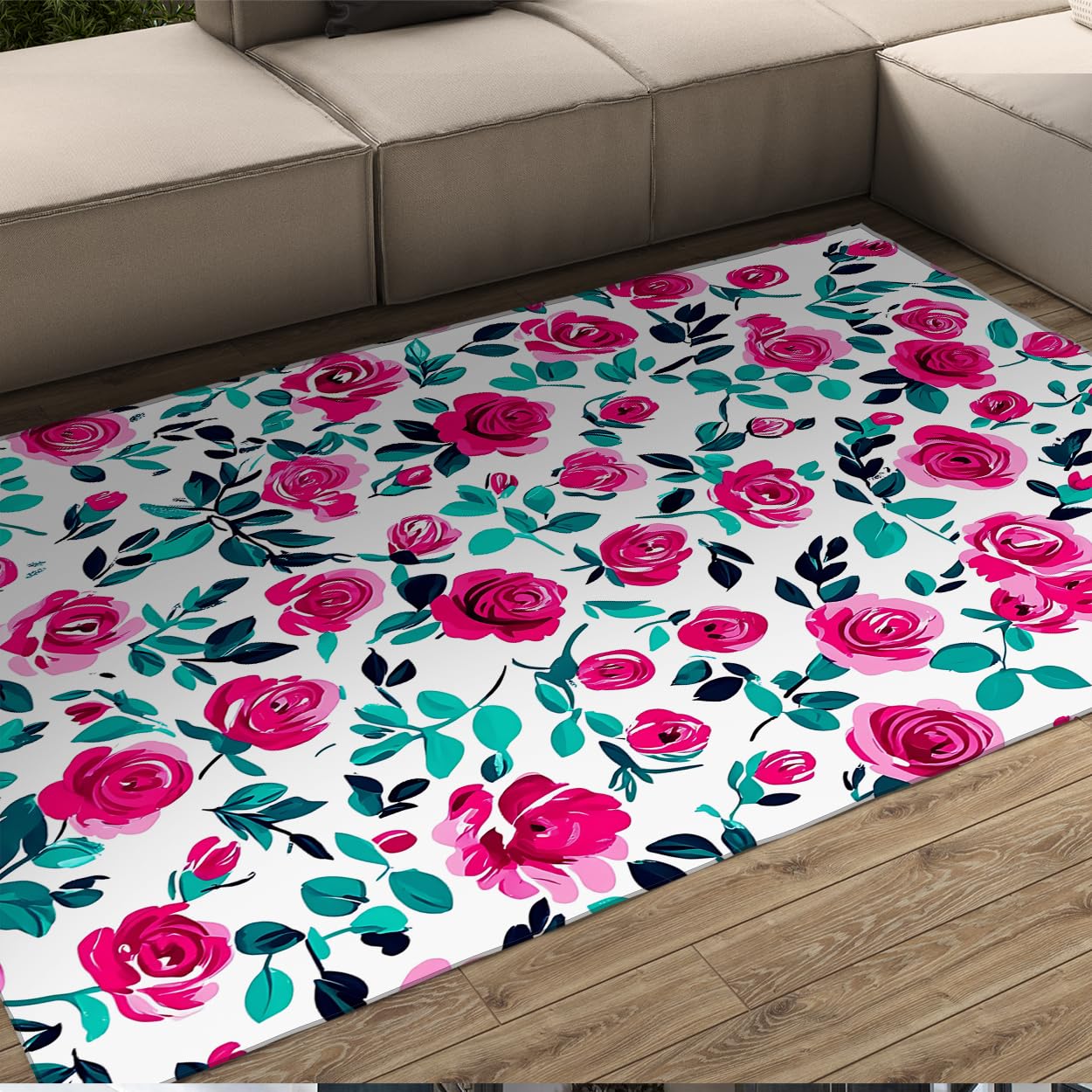 Tapis fleuri 140x200cm rose antidérapant pour chambre et salon