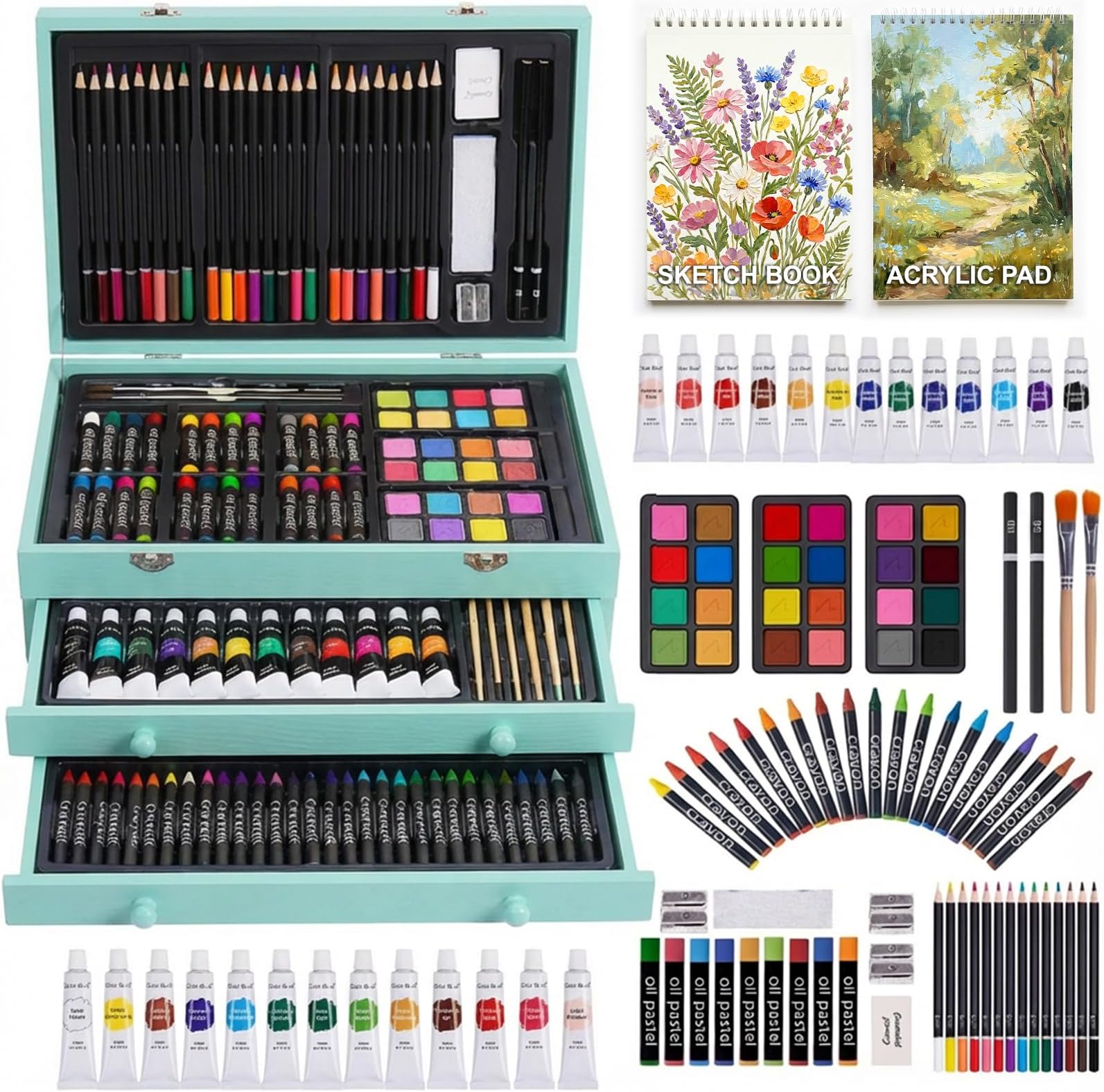 175-Pack Deluxe Wooden Art Set Drawing Painting Kit with 2 Drawing Pads, Acrylic Paints, Colored Pencils, Crayons, Paint Brush, Art Kit in Wooden Case, Gift for Artist, Adults, Teens and Kids