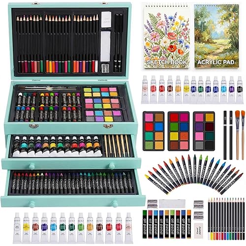 175-Pack Deluxe Wooden Art Set Drawing Painting Kit with 2 Drawing Pads, Acrylic Paints, Colored Pencils, Crayons, Paint Brush, Art Kit in Wooden Case, Gift for Artist, Adults, Teens and Kids