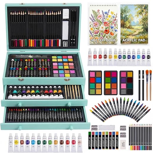 175 Piece Deluxe Art Set with 2 Drawing Pads, Acrylic Paints, Crayons, Colored Pencils, Paint Set in Wooden Case, Professional Art Kit, Art Supplies for Adults, Teens and Artist, Paint Supplies