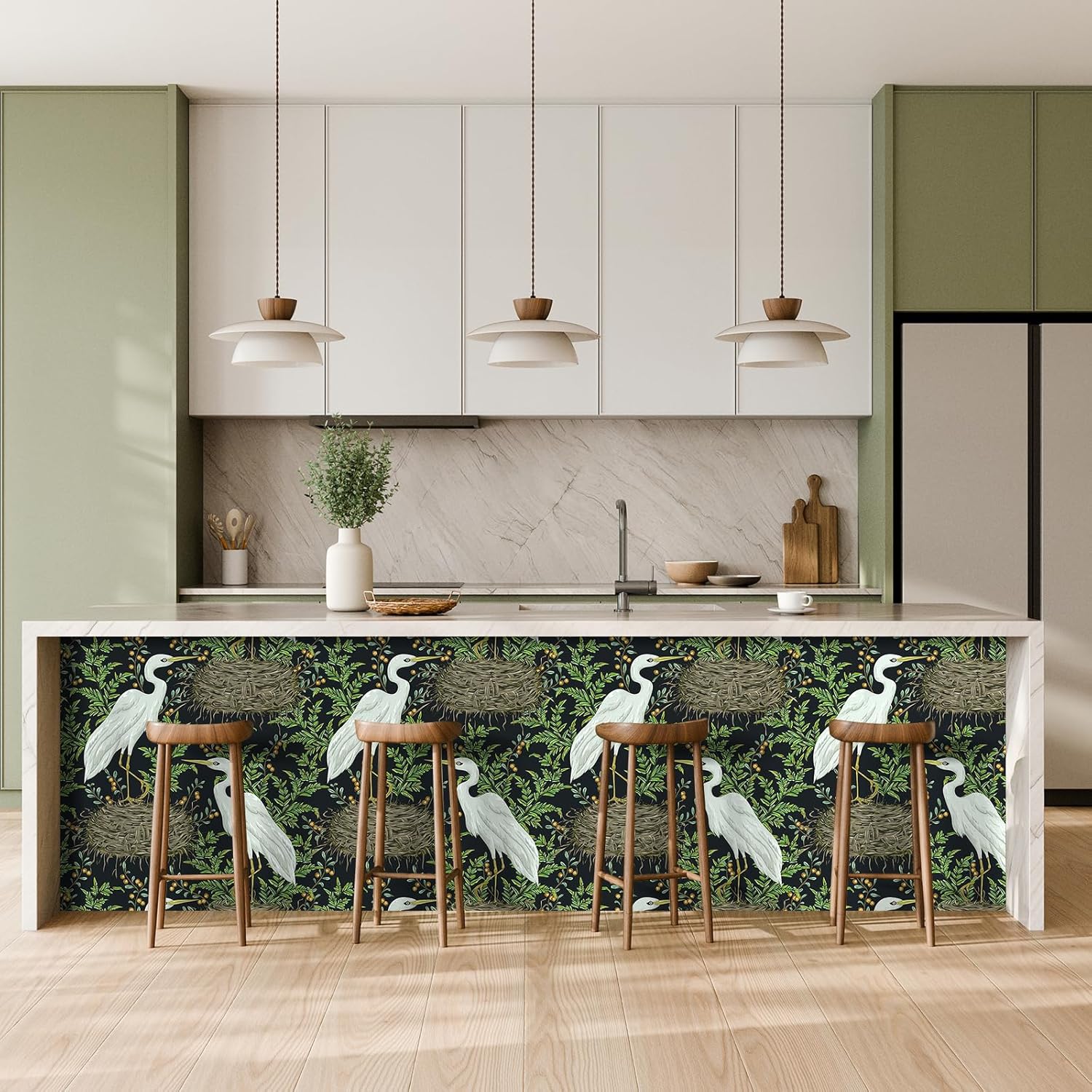 Yenhome 17.5"X276" Vintage Botanical Bird Wallpaper Stick and Peel Prepasted White Crane Wallpaper Chinoiserie Green Plants Bird Wall Paper Peel and Stick Vintage Contact Paper for Cabinet Shelve Wall